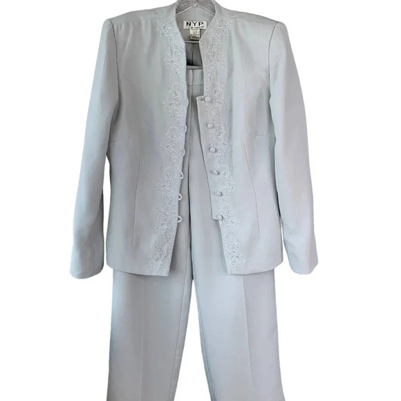 NYP Suits Vintage Embroidered Blazer Pantsuit Two Piece Set Size 14 Ash Blue - Picture 4 of 16